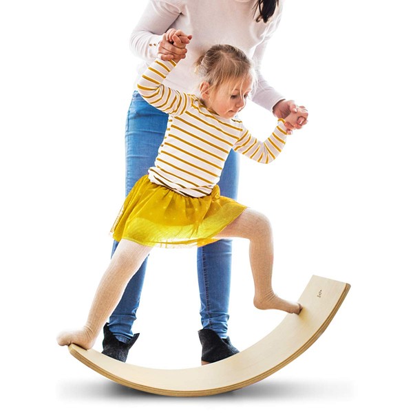 Goplus Wooden Balance Board Curvy Wobble Board, Thicker 1‘’ Toddler Yoga Board Preschool Learning Toys with Felt Layer, 35 Inch Home Rocker Board Support 485LBS Kids Adult, Natural Wood