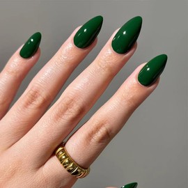 30 Pcs Spring Press on Nails Short Almond,YIHONGYAN Dark Green Fake Nails Press ons Solid Color Design French Nail Tip Acrylic Kit Glue on Nails Full Cover False Nails Glossy Stick on Nails for Woman