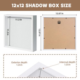 Muzilife Shadow Box Picture Frame with Linen Board Deep Wood Glass Display Case Ready to Hang Memory Box Baby Sports Memorabilia, Pins, Awards, Medals, Wedding, Tickets and Photos, White, 2pcs 12X12