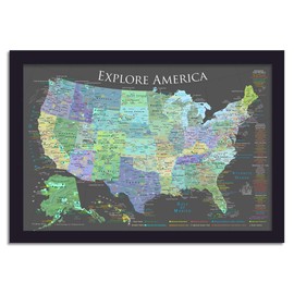 National Parks Map - Explore America Map - Small Framed Map - Slate Edition - USA Travel Push Pin Map