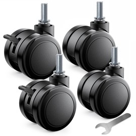 DEWEL Screw Type Caster M6 M8 Quiet, 2.0 inches (50 mm) Diameter, 360 Degree Rotation, Set of 4 (2 without Stoppers + 2 with Stoppers), Replacement Casters for Furniture (White) (Black, M6)