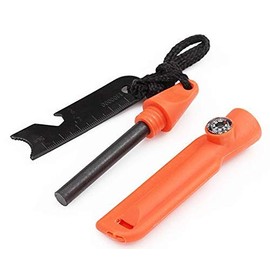 geddid Fire Starter Flint for Survival Camping Outdoor Bushcraft in Plastic Housing with Metal Scraper, Compass, Bottle Opener - Orange