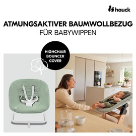 hauck Seat Cover for Baby Rocker Highchair Bouncer (Eco) (not compatible with other models), cotton, with elastic band and belt slots for 5-point harness, washable at 60 °C (Sage)