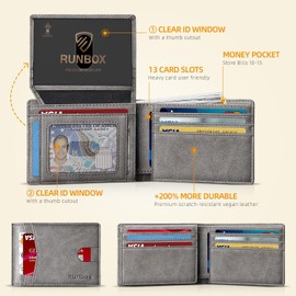 RUNBOX Slim Wallet for Men 15 Slots Ultra Large Capacity RFID Blocking Bifold Credit Card Holder with 2 ID Window