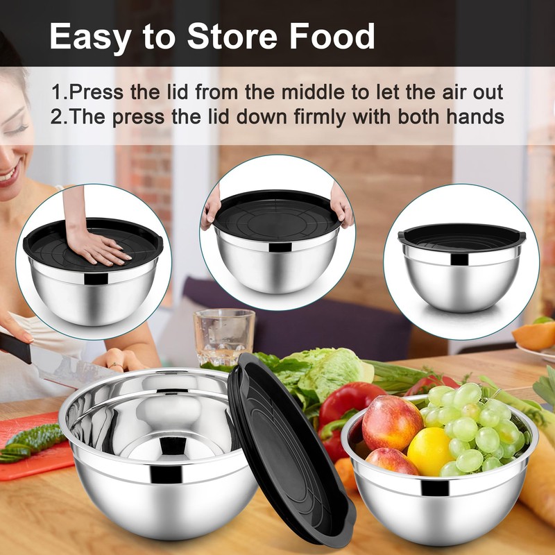 E-far Mixing Bowls with Lids, 6-Piece Stainless Steel Salad Bowls
