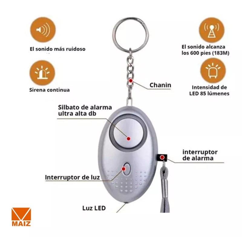 Maíz Alarma Personal Llavero Sonido + Luz Led Defensa Personal