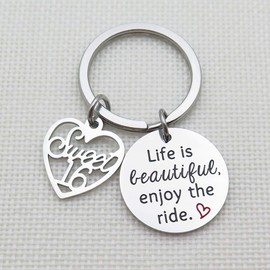 IDLAN Sweet 16 Keychain Life Is Beautiful Enjoy The Ride Sweet 16 Birthday Gifts Stainless Steel Keychain Daughter Niece Gift, Silver, middle