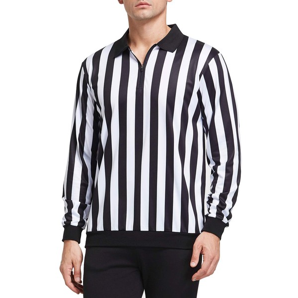 FitsT4 Men's Official Black & White Stripe Referee Shirt Zipper Collared Umpire Jersey Costume Pro Ref Uniform