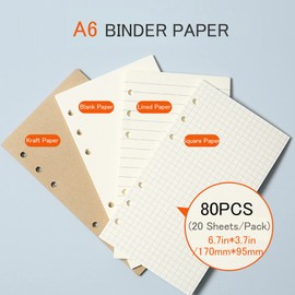 DY.2ten Refillable A6 Notebook Set with Cover - 6 Holes Loose Leaf PVC Binder, 80 Sheets Lined Paper, Kraft Paper, Squared Lined Paper and Blank Paper, A6 Binder Pockets