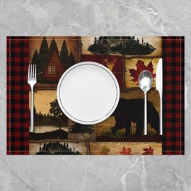 Set of 4 Bear Cabin Plaid Placemats 12x18, Rustic Farmhouse Place Mats, Retro Hunting Deer Scratch Proof Placemats, Country Woodland Pine Tree Waterproof Placemats, Maple Leaf Table Mats for Kitchen
