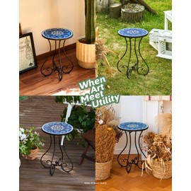 VONLUCE Outdoor Side Table and Mosaic Plant Stand, 21" Round End Table with 14" Ceramic Tile Top for Patio Porch Decor, Indoor & Outdoor Accent Table, Small Coffee Table for Home and Garden, Peacock
