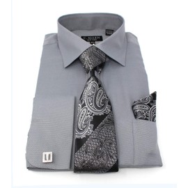 C. Allen Men's Solid Square Pattern Regular Fit French Cuffs Dress Shirts with Tie Hanky Cufflinks Combo (Grey, 17.5", 34/35" Sleeve)