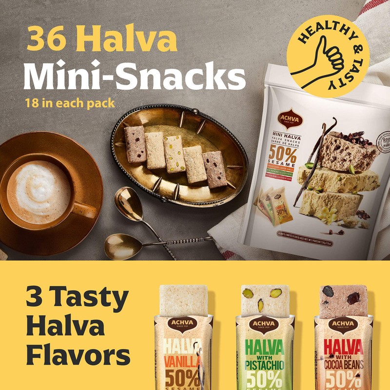 Achva Kosher Vanilla, Cocoa Beans, and Pistachio Mini Halva Bars