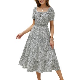 Womens Summer Dress 2025 Short Sleeve Square Neck Off Shoulder Floral Midi Casual Boho Dresses Beach Vacation Sundress