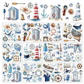 arricraft 12 Sheets Summer Ocean Nautical Rub On Transfers for Crafts Ship Lighthouse Sea Life Scratch Transfer Sticker Summer PVC Scratch Sticker for Sticking on for DIY Home Furniture