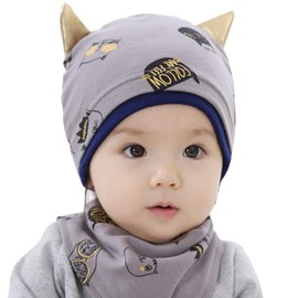 Cute Baby Hat and Scarf Set Cotton Kids Toddler Beanie Hat Infant Newborn Hat Cat Print Skull Hat Cap and Neckerchief Bibs Neck Scarf Wrap Baby Gift for 0-6-12 Months Boys Girls