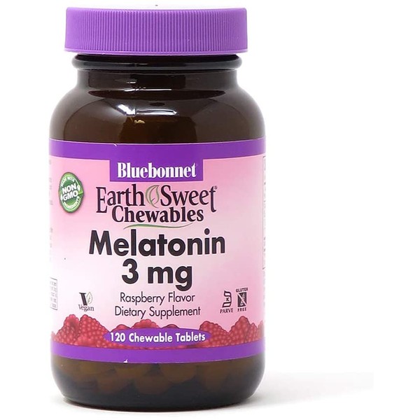 Bluebonnet Nutrition EarthSweet Melatonin 3 mg Fast-Acting Quick Dissolve Nighttime Relaxation & Restful Sleep Support - Sleep Aid - Gluten-Free, Vegan - Raspberry Flavor - 120 Chewable Tablets