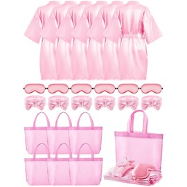 Sintuff 24 Pcs Sleepover Party Supplies for Girls 6 Spa Robes for Girls Slumber Party 6 Tote Bags 6 Headbands 6 Spa Masks(Size 12,Pink)