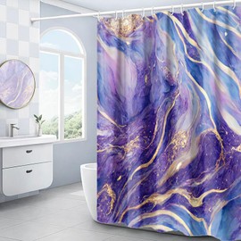 Domoku Purple Blue and Gold Marble Shower Curtain, Purple Blue and Gold Cracked Abstract Modern Bathroom Decor Shower Curtain, Waterproof Textured Washable Fabric Shower Curtain, 72 X 72