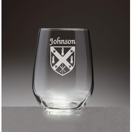 Johnson Irish Coat of Arms Stemless Wine Glasses (Sand Etched)