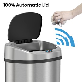 SensorCan 13 Gallon Sensor Trash Can with Wheels and AbsorbX Odor Control System, Stainless Steel, Oval Shape Automatic Kitchen and Office Garbage Bin (Powered by Battery or Optional AC Adapter)