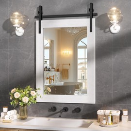 Hasipu Farmhouse Bathroom Mirror, 22"x30" Rustic Wood Framed Wall Mounted Mirror, White Vintage Vanity Mirror Barn Door Style Decrative Mirrors