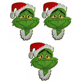Grumpy Grinch Face Character w/Christmas Hat 6" Tall Iron on Set of 3 Patches