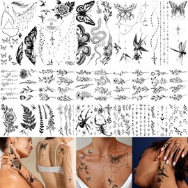 Más de 200 tatuajes temporales para mujer, resistentes al agua, negros, realistas, con forma de colibrí, tatuajes falsos para arte corporal, brazos, cuello, manos, pecho, clavícula y espalda.