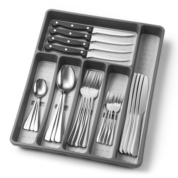 24-Piece Silverware Set with Organizer，Heavy Duty Stainless Steel Flatware Cutlery