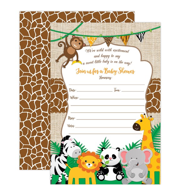 Jungle Safari Baby Shower Invitations, Safari Animal Invitation, 20 Fill in Invitations and Envelopes, Boy or Neutral Baby Shower Party, Monkey, Lion, Elephant, Giraffe