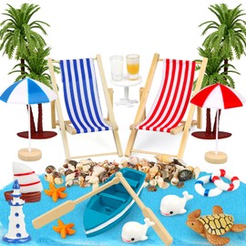 Huanmin Beach Micro Landscape 27-Piece Beach Decoration Miniature Set, Mini Beach Chair Decoration, Miniature Deck Chair, Parasol, Palm Tree, Turtle and Sea, Shells Decoration, for DIY, Garden