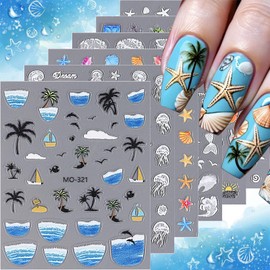 LBPEPAMZ 5D Embossed Seashell Starfish Nail Stickers Color Marine Style Self-Adhesive Designs Nail Art Decorations Cute Ocean Beach Theme Summer Nail Decals for Women Nail Art Salons Decorations 6Pcs