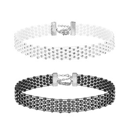 Flongo Women's Choker Collar Crystal Beads Rhinestone Necklaces Set of 2 White Black Gold Stainless Steel Tattoo Chain Jewellery Glitter Adjustable Gift Children Girls Women, Plastic, Rhinestone