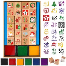 DPKOW 1-24 Stamps Advent Calendar Numbers Made of Wood, Christmas Calendar Stamps for Crafts with Ink Pad, 6 Pieces, German Numbers Stamps for Advent Calendar, DIY Advent Calendar