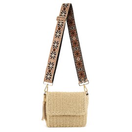 WEIMZC Women's Summer Straw Braided Shoulder Crossbody Bag with Tassel Chain, Adjustable Shoulder Straps Woven Beach Handbag Handmade Wallet Purse for Beach Travel Vacation(Beige (5cm) Color65)