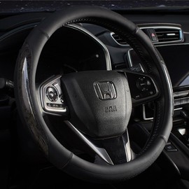 TATACLEA Car Steering Wheel Cover Peach Wood Grain Splice Carbon Fiber All Season Universal O-Shape Outer Diameter 38cm Anti-Slip Abrasion Resistant (Black)