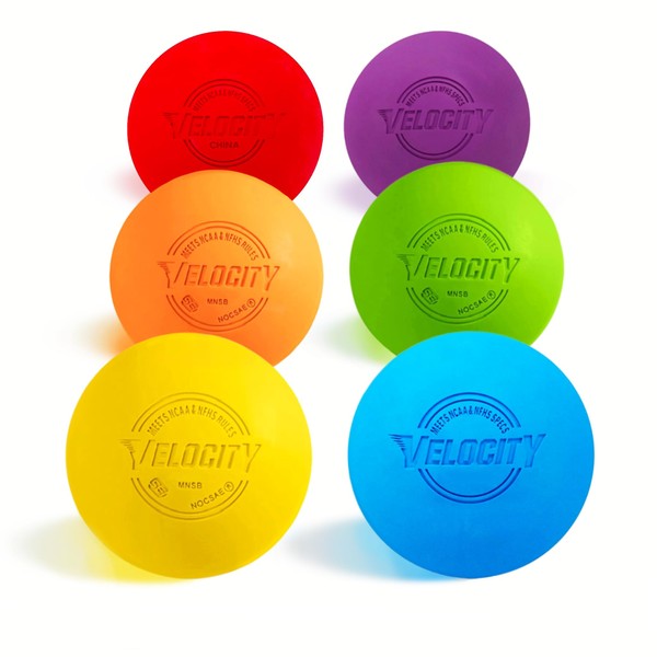 Velocity Lacrosse Balls - Official NFHS, SEI, and College Approved Size - Meets NOCSAE Standard - Approved Competition Colors - Multi Color, 6 Pack