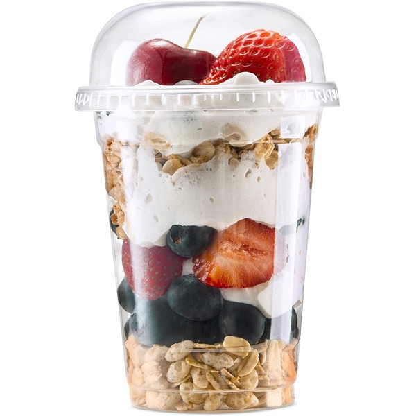 Clear Plastic Cups with Lids by Green Direct - 9 oz. Disposable Drinking Party Cups with Dome lids for Cold Drinks -Smoothie - Parfait - water - To go - Iced Coffee - Tea Pack of 50