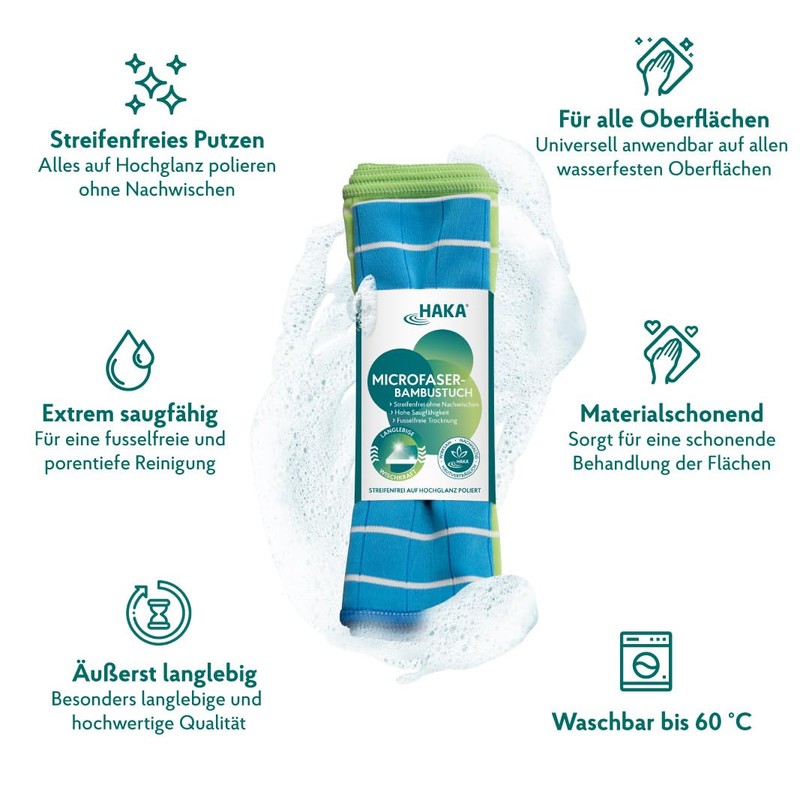 HAKA Microfibre Bamboo Cloths, Pack of 2, Streak-free, Dry, Polished