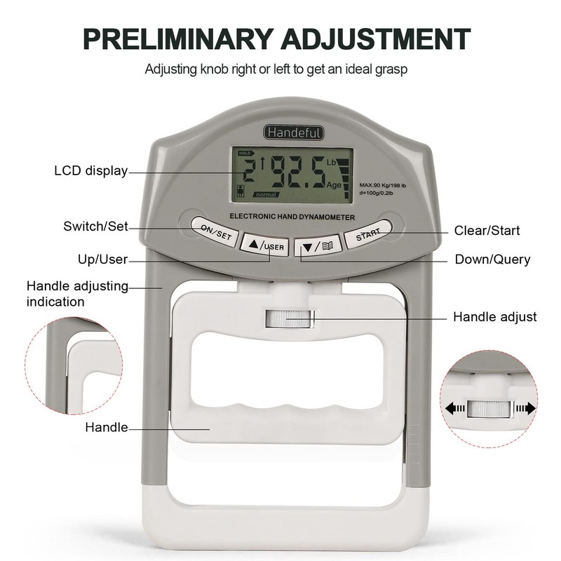 Handeful Grip Strength Tester, Hand Grip Dynamometer (198Lbs / 90Kgs),