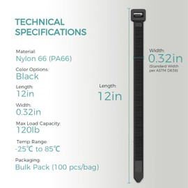 12 Inch Heavy Duty Zip Ties 120lb - Black Nylon Cable Ties, UV Resistant, Self-Locking, 100 Pack for Indoor/Outdoor, Industrial Use