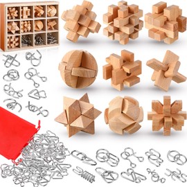 Yilloog 45 Pcs Brain Teasers Metal and Wooden Puzzles for Kids Adults Mind Iq and Logic Test Toys 3D Educational Unlock Interlock Puzzles Box for Family Challenging Games