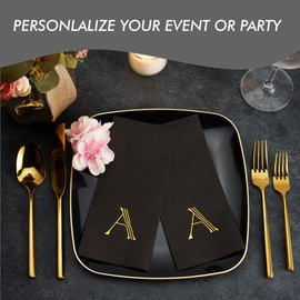 50-Pack Linen-Feel Mongrammed Napkins Black Paper, 12" x 17" Gold Foil Letter Y Napkins Disposale, Initial Guest Towels For Wedding, Bathroom, Party, Baby Shower, Or Event