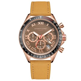 Limited Edition Hand Assembled Anthony James Tachymeter Turbo Golden Brown, gold, Strap.