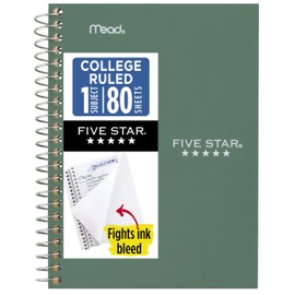 Five Star Spiral Notebook, 1 Subject, College Ruled Paper, 4-3/8" x 7", Personal Size, 80 Sheets, Fights Ink Bleed, Water Resistant Cover, Seaglass Green (450048CH1-ECM)