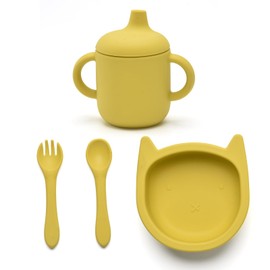 Imagination Junction Silicone Feeding Set, Suction Cup Bowl, Silicone Spoon and Fork, Cutlery Feeding Supplies, 4 Piece Set/yellow (Yellow)