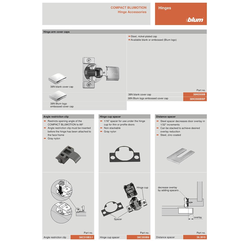 Blum 38N355B.10 Compact BLUMOTION 38N Hinge, Soft-Close, 105 Degree, 5/8