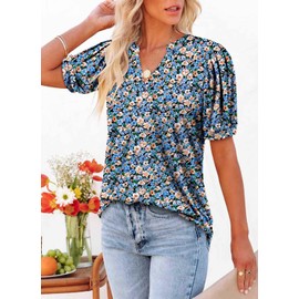 ROSELINLIN Womens Short Sleeve Shirts V Neck Summer Tunic Top Flower Sea S