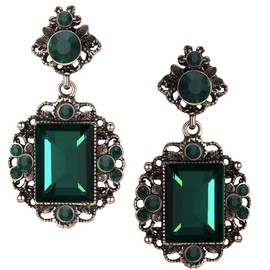 LARGE Art Deco Antique Vintage Retro Victorian Style Dark Hunter Green Emerald Rhinestone Bridal Bridesmaid Wedding Drag Queen Prom Statement Dangle Earrings