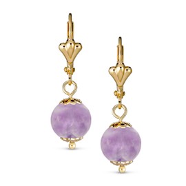 Classic Elegant Simple Round Purple Amethyst Dangle Lever Back Drop Ball Earrings For Women Polished Yellow 18K Gold Plated Brass 8MM